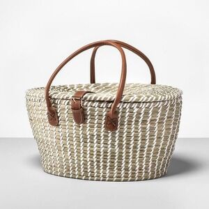 Woven Grass Picnic Basket Large Lined w Utensils & More Top Two Handles Unused